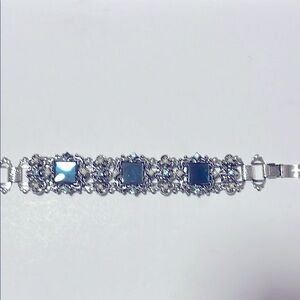 Vintage Silver color Bracelet with 3 sapphire Blue color stones, pearl Accents